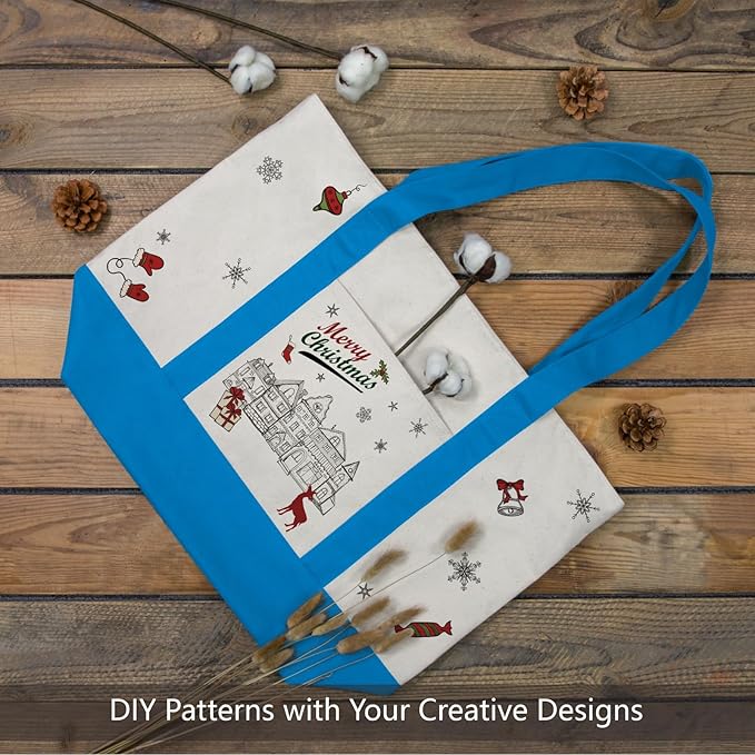 TOPDesign 3-Pack Canvas Tote Bags with an External Pocket, Reusable Grocery Shopping Bags, Top Zipper Closure, Daily Essentials (Ocean Blue/Natural)