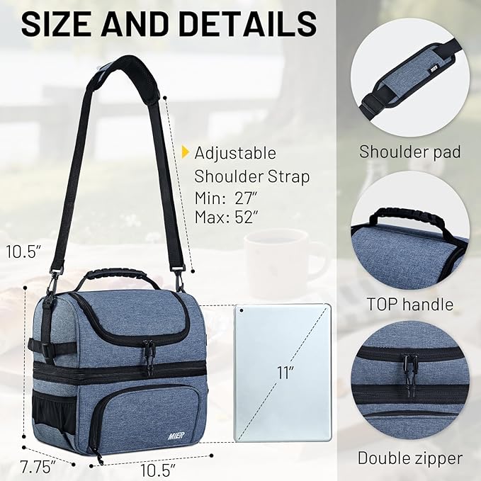 MIER Dual Compartment Lunch Bag Tote with Shoulder Strap for Men and Women Insulated Leakproof Cooler Bag, Bluesteel