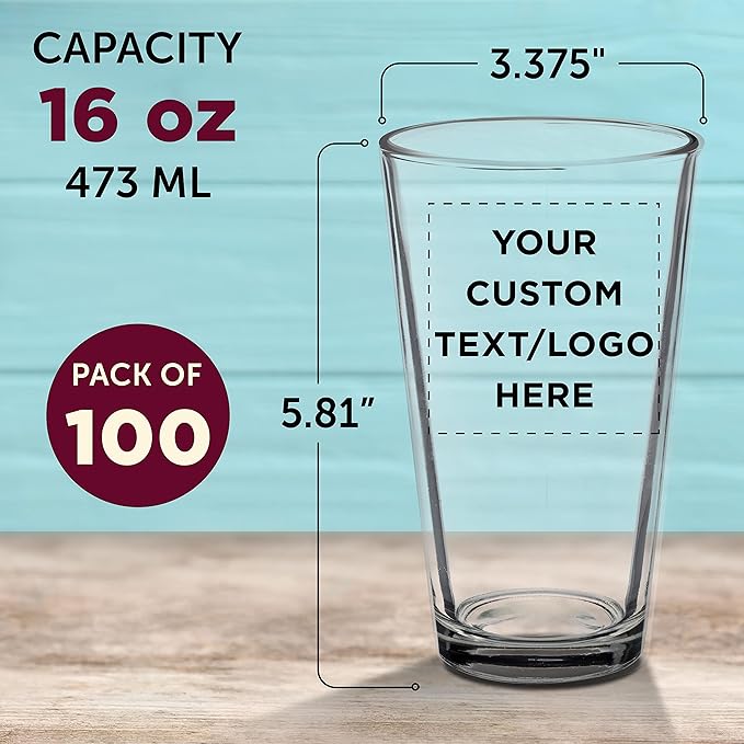 Custom Arc Pint Glass 16 oz. Set of 100, Personalized Bulk Pack - Beer Glasses, Heavy Duty Drinkware - Clear
