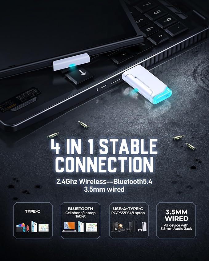 Wireless Gaming Headset, 7.1 Surround Sound, 2.4GHz USB Gaming Headphones with Bluetooth 5.4, 100H Battery, ENC Noise Canceling Mic, RGB Light, Wireless Headset for PC PS5 PS4 Mac Switch (Black-White)