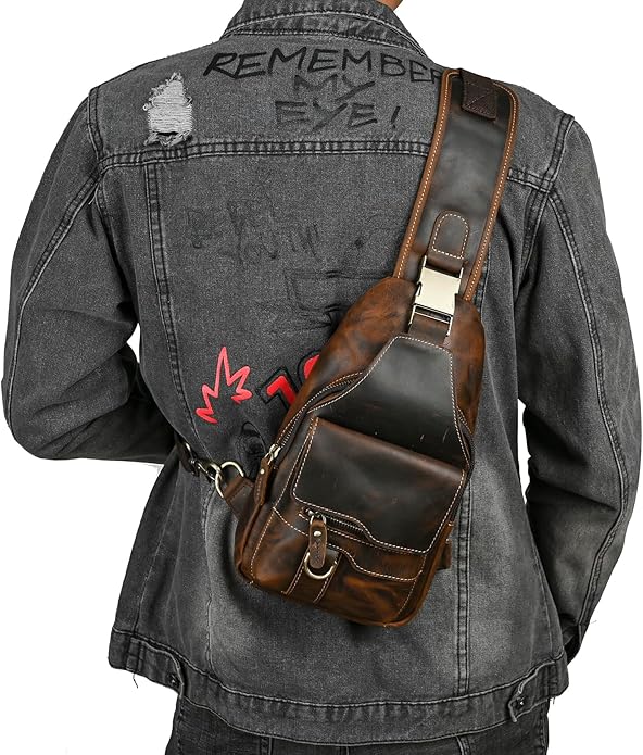 Genuine Leather Hiking Travel DayPack Sling Crossbody Triangle Chest Pack Bag For Men Women 8241