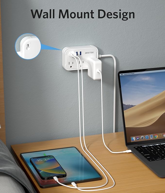 European Travel Plug Adapter - US to Europe Plug Adapter with 3 AC Outlets and 4 USB(1 PD20W) Type E/F - International Travel Adapter for USA to Germany France Iceland Spain, 2.6ft