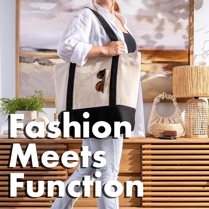 Carrywell |Not Made in China| Cotton Tote Bags, Reusable Grocery Shopping Bag with Zipper Closure and Front Pocket, Heavy Duty Organic Cloth w/Handles