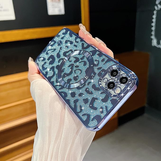 for iPhone 11 Pro Case Magnetic,Soft Cute Luxury Leopard Cheetah Pattern Plating Glitter Bling Phone Case Compatible with MagSafe Clear Shockproof Back Cover for Women Girl 5.8"-Blue