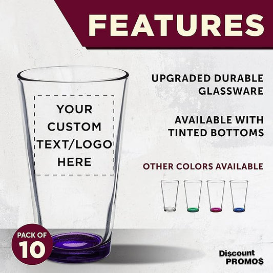 Custom Arc Pint Glass 16 oz. Set of 10, Personalized Bulk Pack - Beer Glasses, Heavy Duty Drinkware - Purple