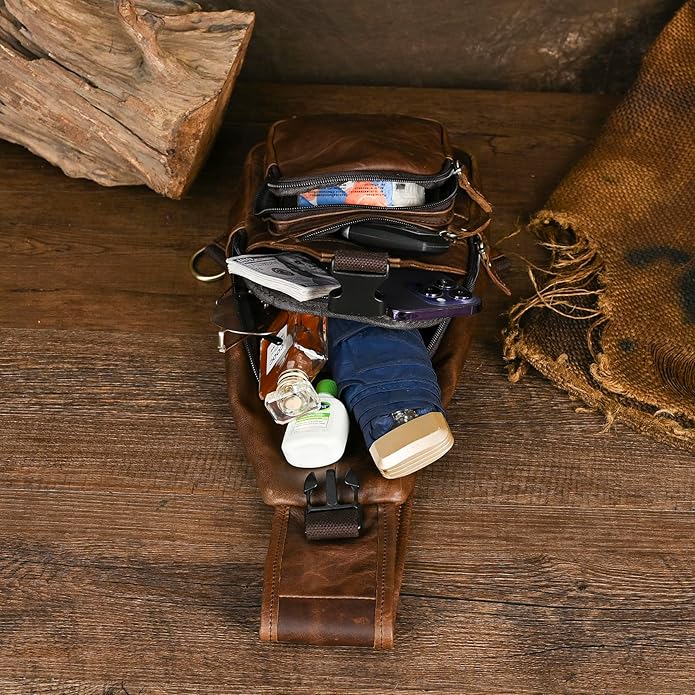 Le'aokuu Men Fashion Casual Tea Designer Travel Hiking Crossbody Chest Sling Bag Rig One Shoulder Strap Bag Men Leather 8015