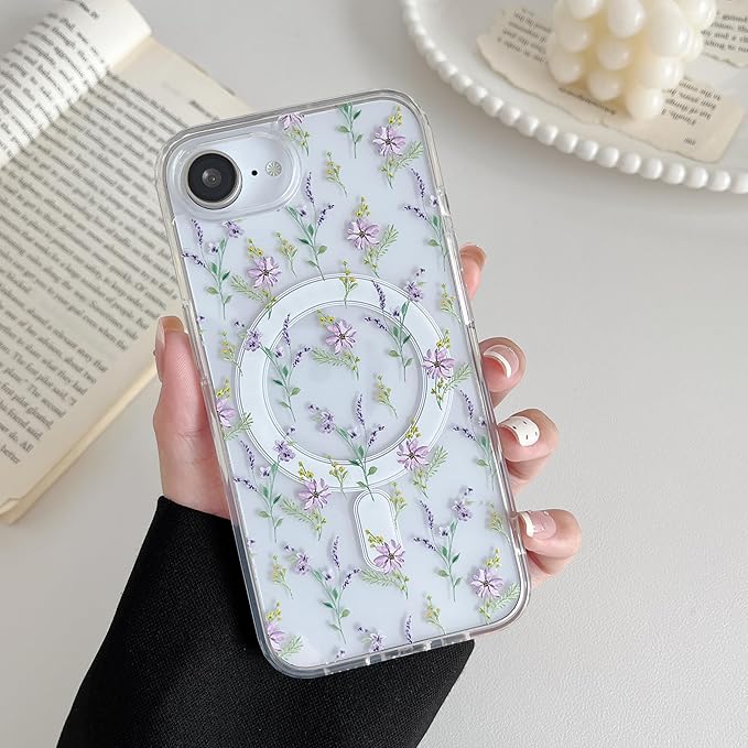 ZTOFERA for iPhone 16e Magnetic Case Compatible with Magsafe, Aesthetic Floral Pattern Design Cute for Girl Women,Anti-Drop Protective Hard Phone Cover for iPhone 16e-Purple Flower
