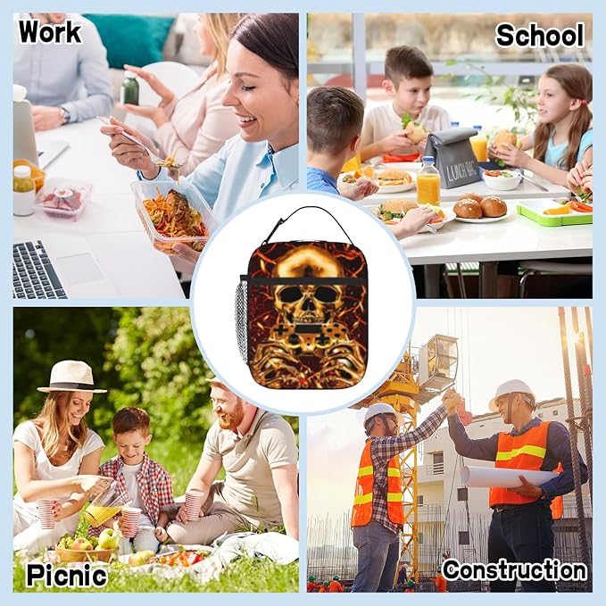 Video Game Lunch Box Skull Fire Cooler Insulated Reusable Portable Box Waterproof Leakproof Lunchbox for Boys Girls Kids Picnic Hiking Beach Travel Office