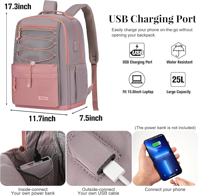 School Backpack for Teens Girls, Aesthetic College Backpack Large Bookbag for Women Students Fashion 15.6 Inch Laptop Bag for Work Travel (Pink & Grey)