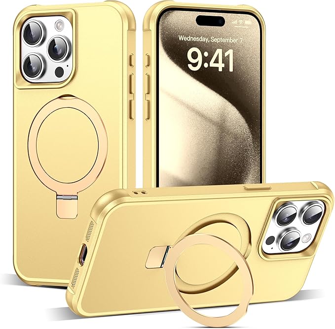 Compatible with iPhone 15 Pro Case with Invisible Magnetic O-Ring Stand Military-Grade Case for iPhone 15 Pro 6.1" [Compatible with Mag-Safe][Great Grip Feeling], Gold