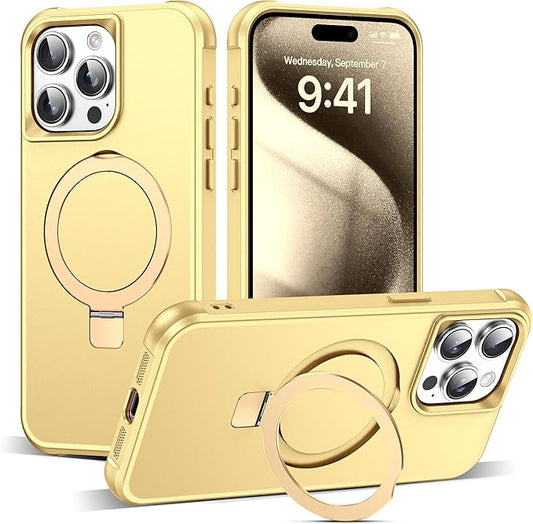 Compatible with iPhone 15 Pro Case with Invisible Magnetic O-Ring Stand Military-Grade Case for iPhone 15 Pro 6.1" [Compatible with Mag-Safe][Great Grip Feeling], Gold