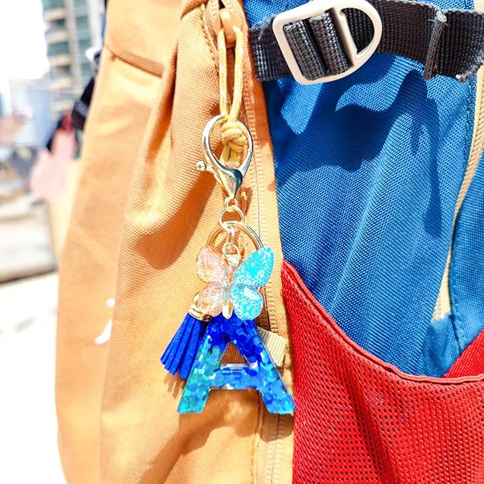 Cute Initial Letter Keychains for Women Girls Tassel Butterfly Pink Purple Green Keychain for Backpack School Bag