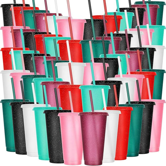 Honeydak 60 Pack Tumbler with Straw and Lid Bulk Glitter Plastic Cups Water Bottle Iced Coffee Travel Mug Reusable Party Favor Cups for Birthdays travel 24-27 oz (Bright Colors)