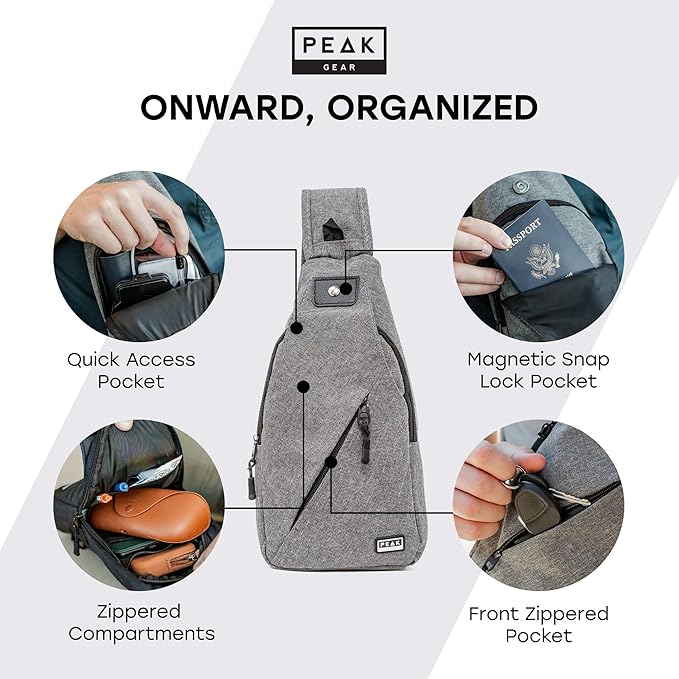 Peak Gear Travel Sling Bag. Compact Crossbody Bag | Lighter and Smaller than a Backpack | Lifetime Lost & Found ID Tag