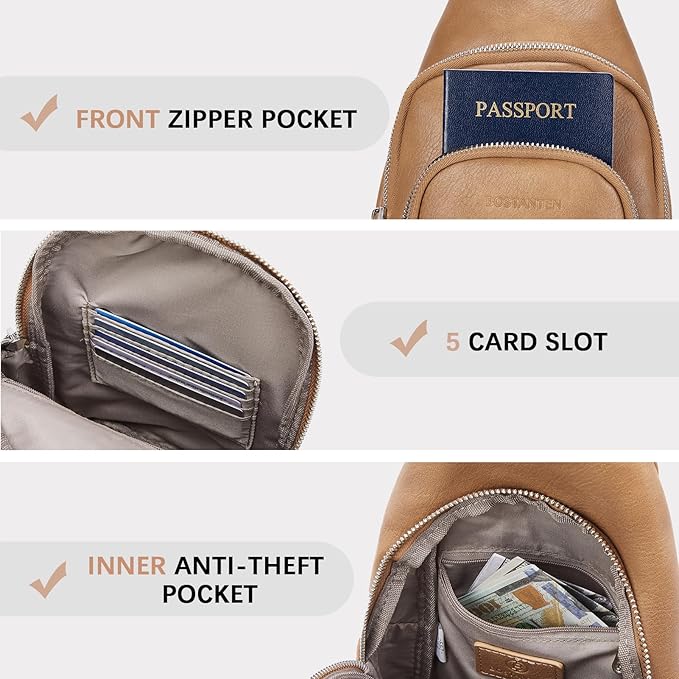 BOSTANTEN Sling Bag for Women Leather Crossbody Bag Vintage Cross Body Purse for Travel with Guitar Strap, Bohemian Style