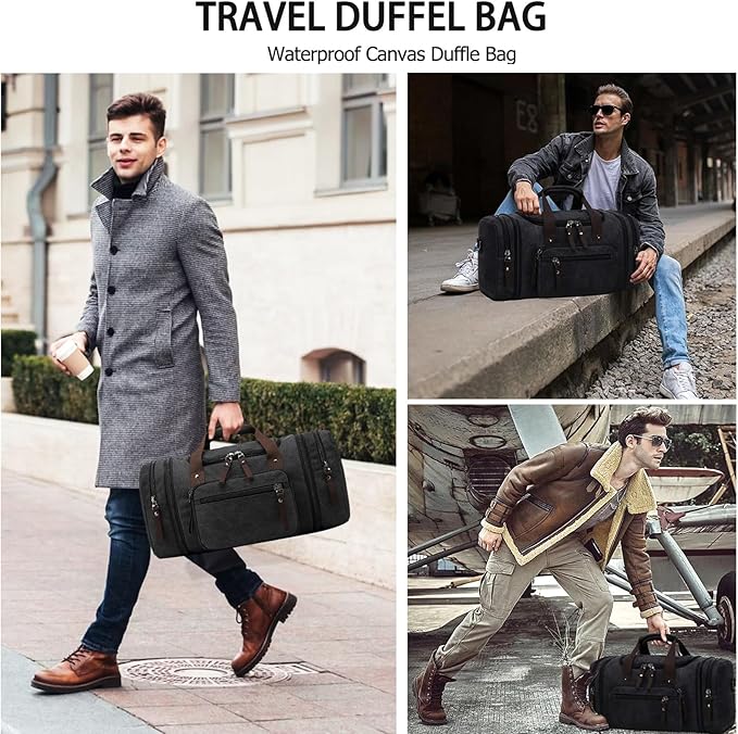 Felipe Varela Duffle Bag for Men, Canvas Expandable Duffel Bag for Travel, Mens Carry On Luggage Bags Traveling Weekender Gym Overnight Duffel Bags for Airplanes, Black