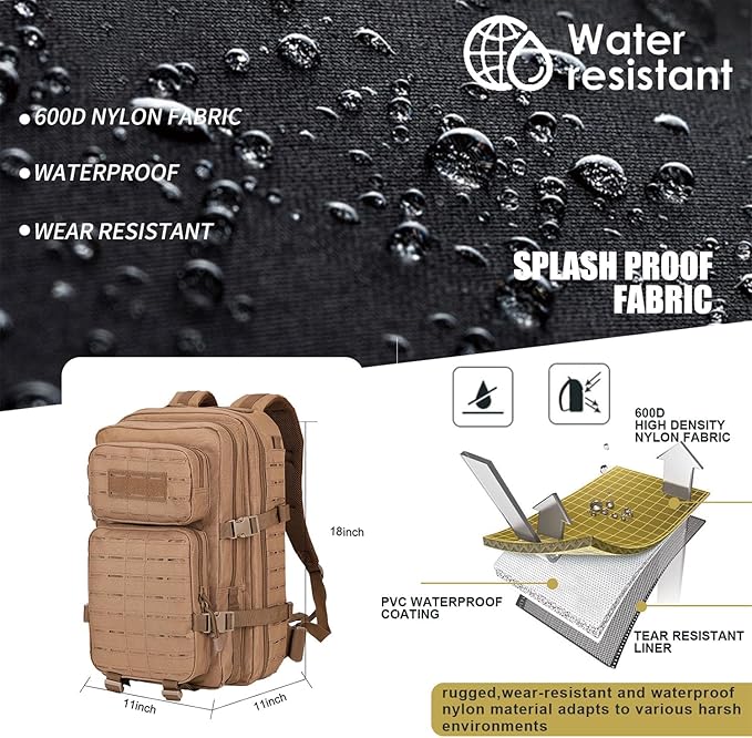 40L Tactical Backpack, Camouflage Military Bug Out Bag, Durable MOLLE Hiking Camping Gear (TAN)
