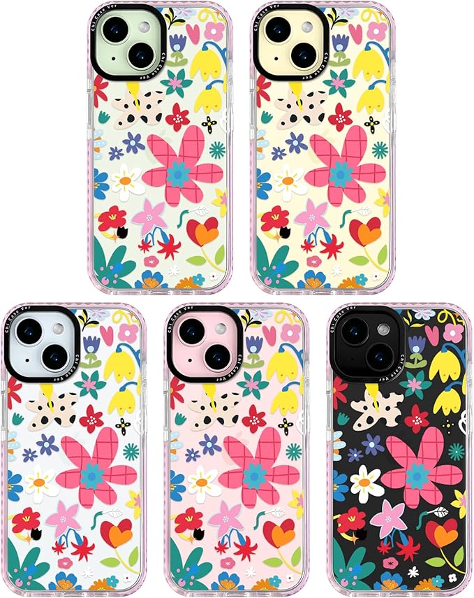 for iPhone 15 Plus Case, Whimsical Floral Collage Pattern, Military-Grade Drop Protection, Cute Soft Slim TPU Protective Cover with Camera Lens Protection for Women & Girls