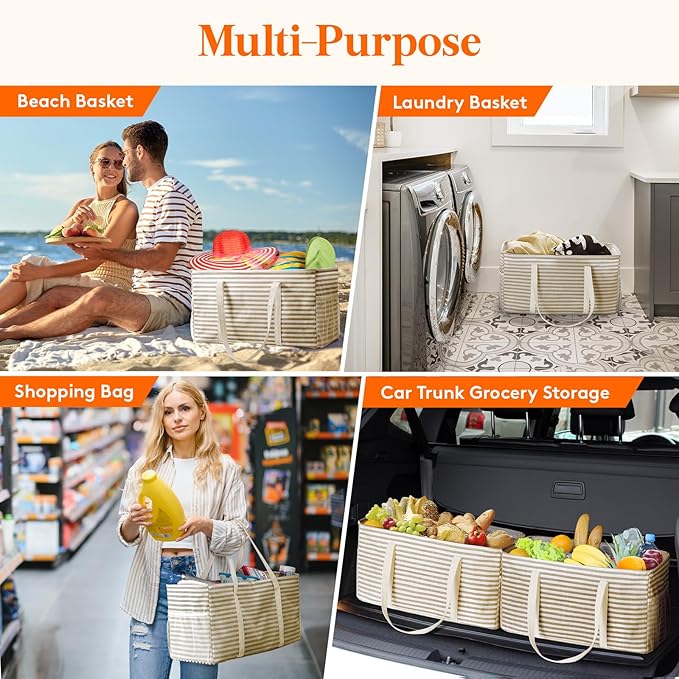 Lifewit Extra Large Tote Bag, Reusable Grocery Bags with Metal Wire Frame and Handles, Standing Utility Foldable Shopping Bags for Storage, Picnics, Beach, Pool, Laundry, Car, Camping, 1 Pack, Beige