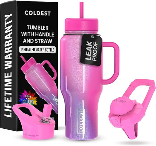 Coldest Tumbler with Handle and Straw, 100% Leak Proof Insulated Tumbler with Lid and Straw (3 Lids), Stainless Steel Tumblers for Women & Men, Cup Holder Friendly, 36 oz (Mulberry Dream)