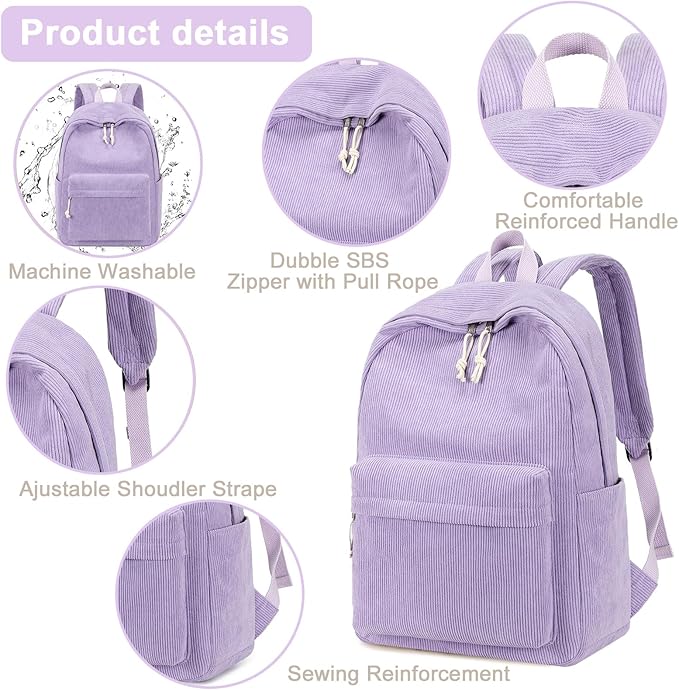 School Backpack for Teens Large Corduroy Bookbag Lightweight 15.6 inch Laptop Bag for Girls Women Casual High School College