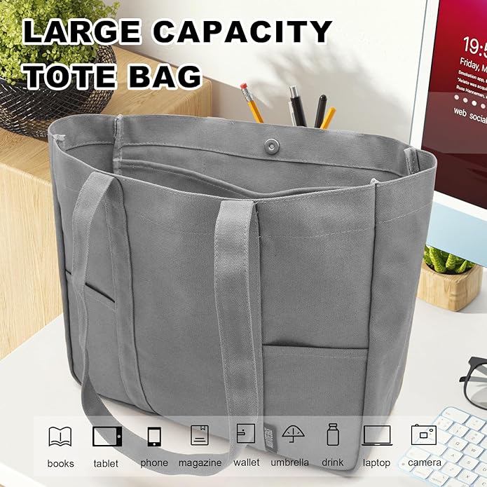 TeeYee Women's 20L Canvas Tote Bag Reusable Multi-Pocket Organizer for Travel Work Gym Shopping Large Shoulder Bag
