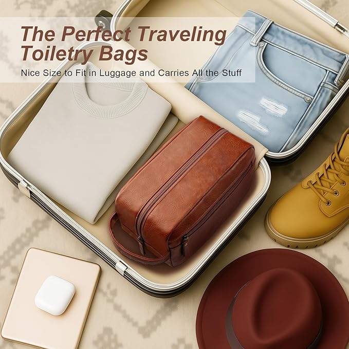Travel Toiletry Bag for Men and Women, Travel Shaving Dopp Kit Water-resistant Bathroom Toiletries Organizer PU Leather Cosmetic Bags (Brown)