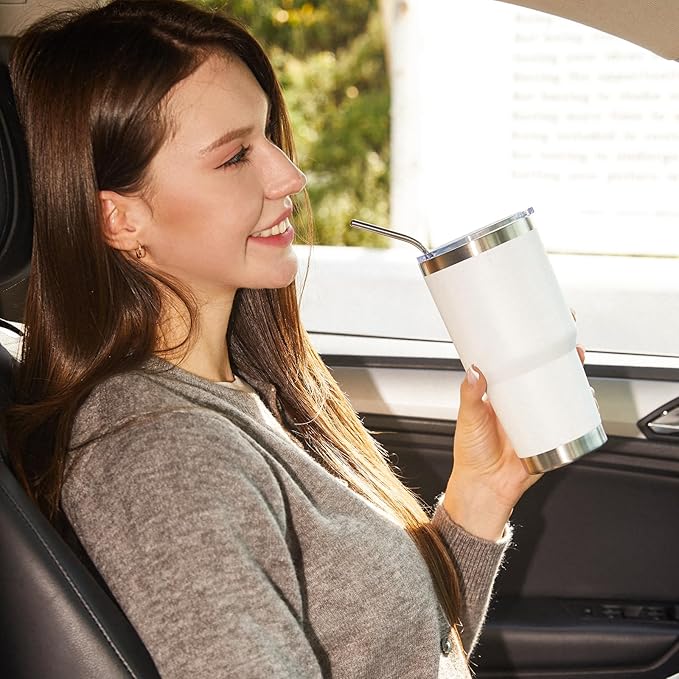 MEWAY 30oz Insulated Tumbler With Lids and Straws,Stainless Steel Double Vacuum Coffee Tumbler Cup, Brush, Durable Powder Coated Coffee Cup for Cold & Hot Drinks, Office(White,4 PACK)