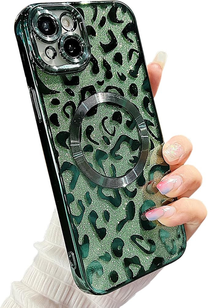 for iPhone 15 Case Magnetic,Soft Cute Luxury Leopard Cheetah Pattern Plating Glitter Bling Phone Case Compatible with MagSafe Clear Shockproof Back Cover for Women Girl 6.1"-Green