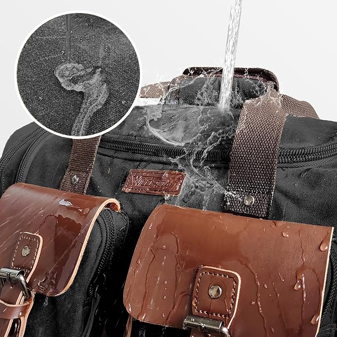 Wildroad 50L Travel Duffel Bag, Expandable Waxed Canvas Genuine Leather Duffle Bag Upgraded Overnight Weekender Bag Carry on Bag (Vintage Black, Large-50L)