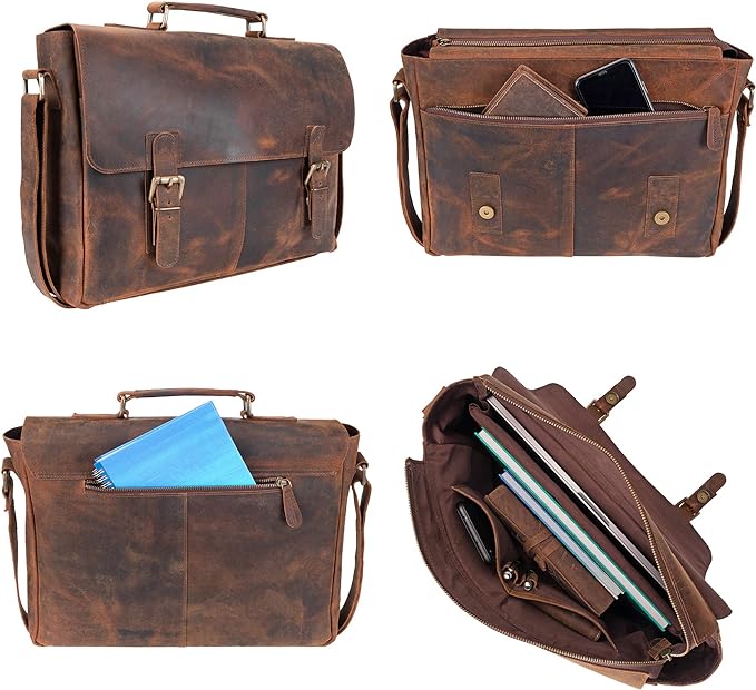 moonster Leather Messenger Bag for Men, Rustic Messenger Bag for Women – Handmade Full Grain Leather Bag for Men - Distressed Buffalo Leather – 16 Inch Laptop Bag with Padded Compartment Pockets