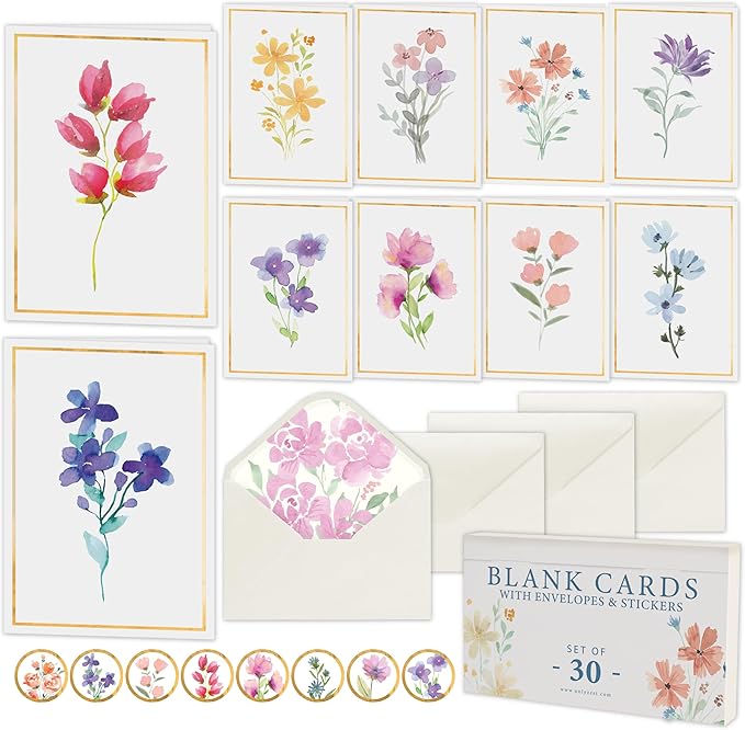 30 Pack Blank Cards and Envelopes - 4 x 6 Inch Floral Greeting Cards for Encouragement, Stationery Set for All Occasions, Blank Note Cards with 10 Unique Designs
