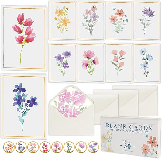 30 Pack Blank Cards and Envelopes - 4 x 6 Inch Floral Greeting Cards for Encouragement, Stationery Set for All Occasions, Blank Note Cards with 10 Unique Designs