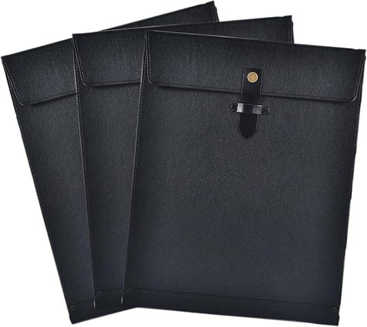 Black PU Leather File Folder, Snap Closure File Organizer, Important Document Folder, Document Organizer, Laptop Sleeve Notebook Case, Leather Folder A4 Envelopes Filing Folder 3PCS