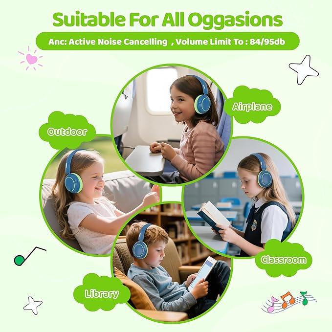 MIDOLA Active Noise Cancelling Kids Headphones Bluetooth 5.4 Wireless Volume Limited 85/94dB,Type C Fast Charging,Over Ear Foldable with Mic Aux Cord for Toddler Child Pad Tablet Green