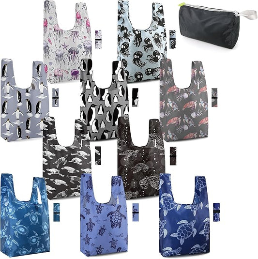 BeeGreen Reusable Grocery Bags Bulk Gifts 10-Pack - Large Tote with Zipper Pouch | Foldable & Washable Polyester Shopping Bags Heavy Duty Animal Lover Gifts Reusable Bag With Handles