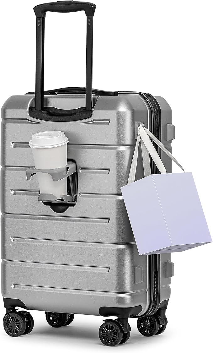 KYME Carry On Luggage 22x14x9 Airline Approved with Cup Holder Hardside Carry On Suitcase with Spinner Wheels Hardshell Travel Rolling 22 Inch Luggage with TSA Lock for Women Men Silver