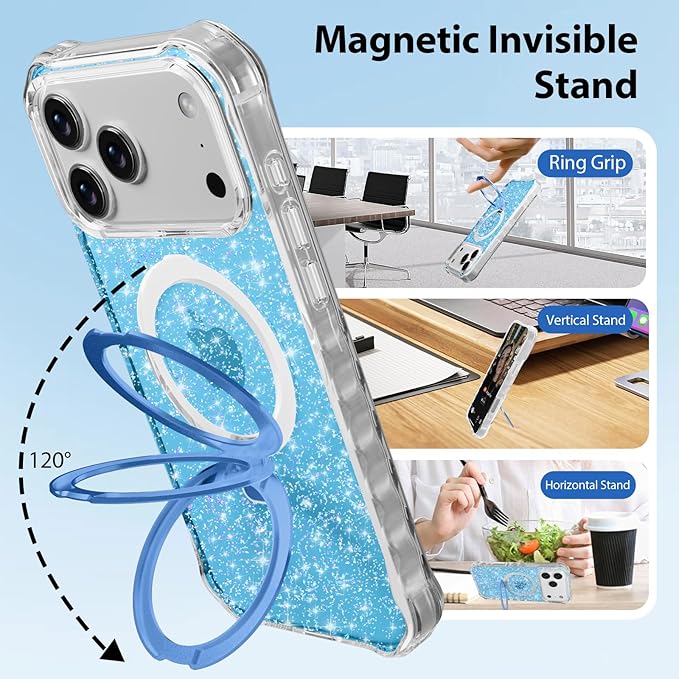 Magnetic for iPhone 17 Pro Case with Invisible Stand, Compatible with MagSafe, Clear Bling Sparkle Shockproof Slim Anti-Slip Military Drop Protection Hard Phone Case 6.3" Glitter Blue