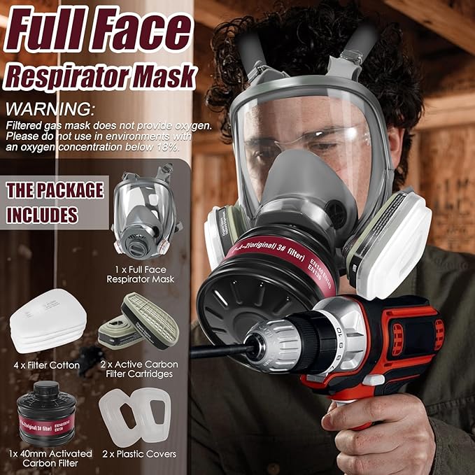 Full Face Gas Respirator Mask - Gas Masks Survival Nuclear and Chemical with Activated Carbon Filters