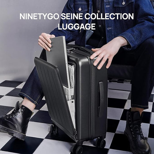 NINETYGO Carry on Luggage 22X14X9 Airline Approved with Front Laptop Pocket, 20 Inch Luggage with Front Compartment, Expandable, Double Spinner Wheels, Hardsided PC, TSA Lock (Black, Seine Max)
