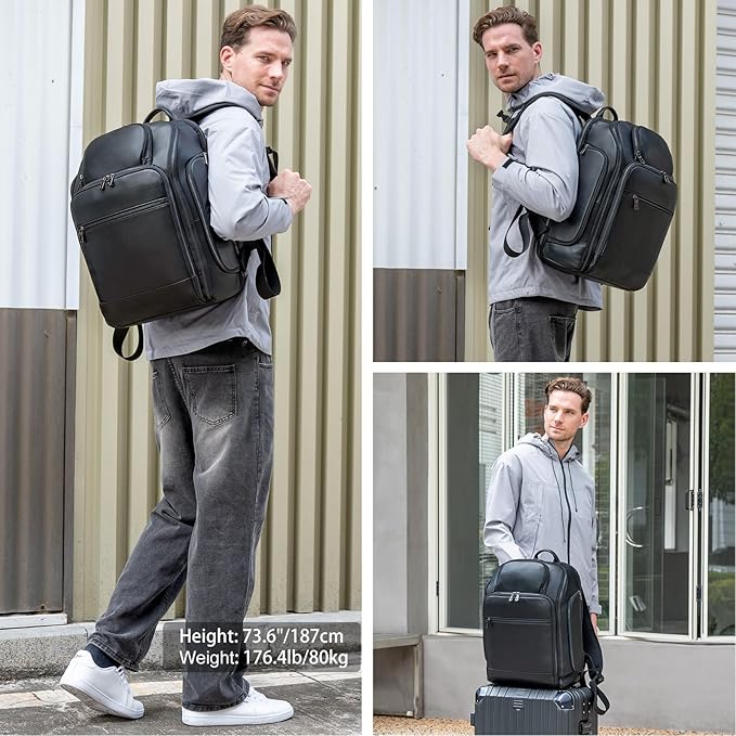 TIDING Genuine Leather Backpack for Men, 17.3 Inch Laptop Bag TSA Friendly Travel Rucksack Hiking Camping Daypack