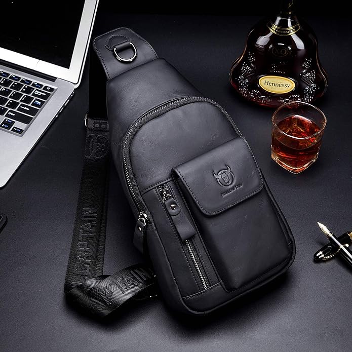 BULLCAPTAIN Mens Leather Crossbody Bag Shoulder Sling Bag Casual Daypacks Chest Bags for Travel Hiking Backpacks
