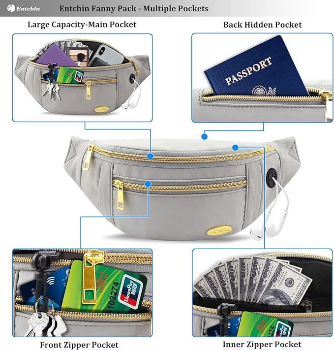 Entchin Fanny Pack for Women Men,Crossbody Belt Bag with 4-Zipper Pockets,Adjustable Waist Bag Pack,One of the Most Popular Travel Essential Gifts for Walking,Traveling,Cycling