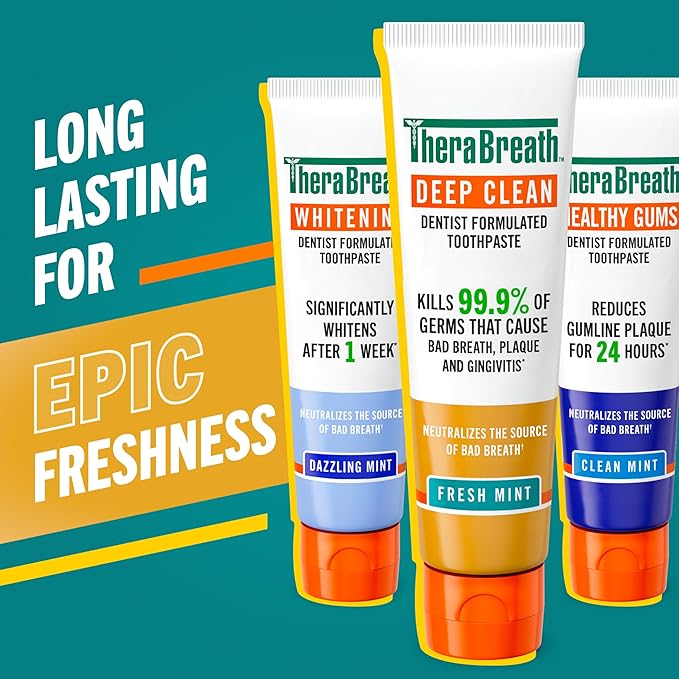 TheraBreath Deep Clean Toothpaste, Kills 99.9% of Germs That Cause Bad Breath, Gingivitis & Plaque (1), Gentle Teeth Whitening with Fluoride for Anticavity Protection, Fresh Mint, 4 Oz, 2-Pack