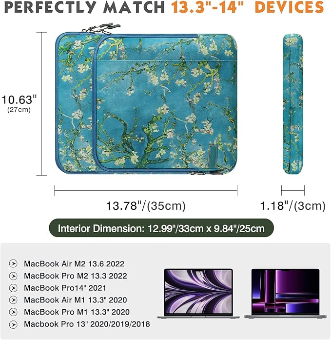 MoKo Laptop Sleeve Bag for 13.3-14 Inch, Notebook Carrying Case with Pocket Fits New MacBook Pro M3/M2 14" /13" M2/M1 Pro/M1 Max 14.2 2023-2021/Air 13.6" M2 2022, Surface Pro 9/8 13", Apricot Flower