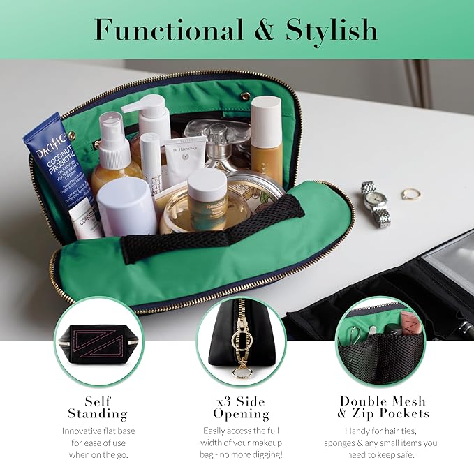 KUSSHI Washable Travel Makeup & Cosmetic Bag - Brush Organizer Sold Separately (Signature, Navy/Mint)