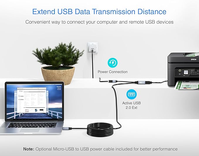 BlueRigger USB Extension Cable (50FT/15M, Long Active USB2.0 Extender, Male to Female Repeater, Data Transfer Cord)- for Game Consoles, Printer, Camera, Keyboard, Hard Drives