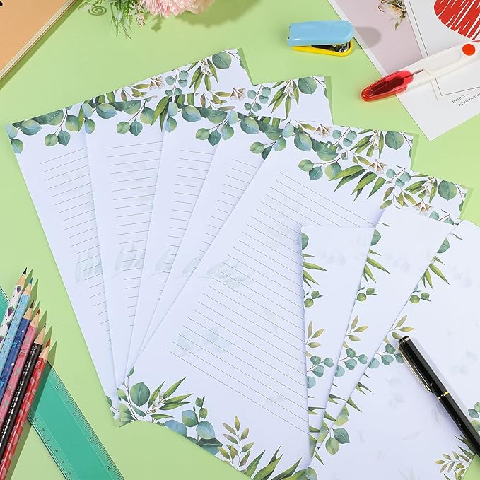 72 Pcs Leaf Theme Paper Stationery Set 36 Greenery Letterhead Paper with 36 Matching Envelope Leaves Lined Paper for Letter Elegant Letter Paper (Fresh Style,8.5 x 11 Inch, 9.5 x 4.13 Inch)