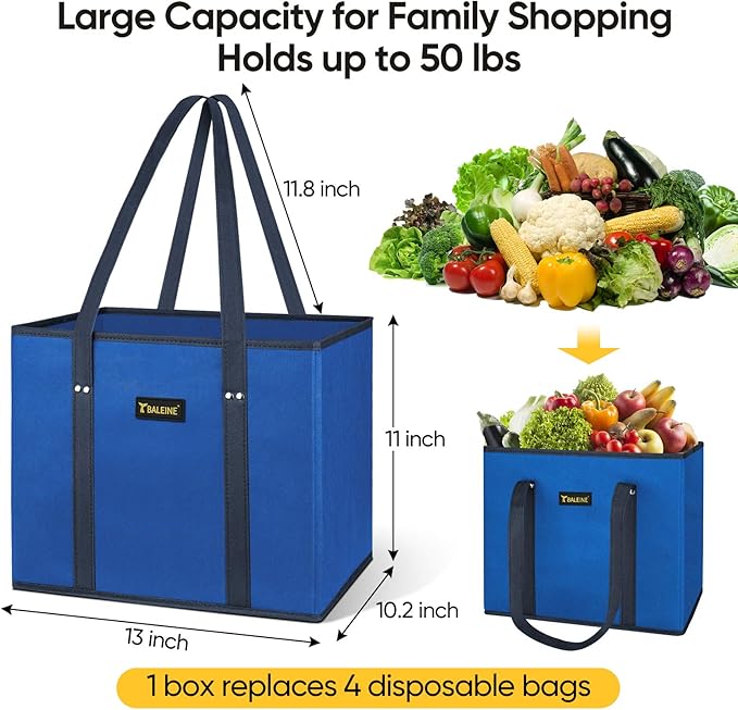 BALEINE 3Pk Reusable Grocery Bags, Foldable Shopping Bags for Groceries with Reinforced Bottom & Handles (Blue)