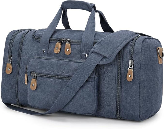 Gonex Canvas Duffle Bag for Travel 50L Expandable Duffel Weekend Overnight Bag (Denim Blue)